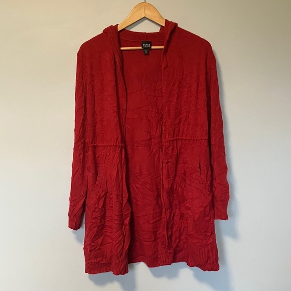 Eileen Fisher 100% Cashmere Red Hooded Cardigan - Picture 1 of 4